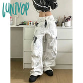 Lunivop Y2K Streetwear Cargo Jeans Women Oversized Vintage Wide Leg Pocket Denim Pants Korean